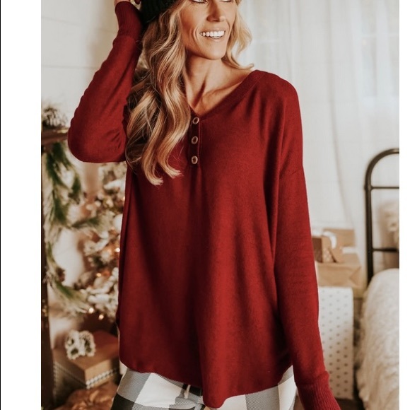 Multiple colors: (white and burgundy) Long sleeve Henley top - Picture 3 of 6